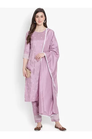 heemara Women Purple Floral Embroidered Silk Chiffon Kurta with Trousers & With Dupatta