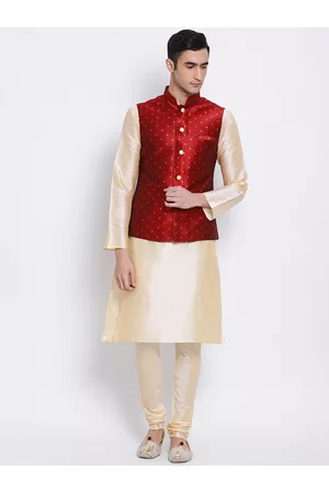 Sanwara Men Beige & Maroon Solid Kurta with Churidar & Nehru Jacket