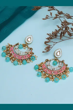 karatcart Women Pink and Light Blue Meena Kundan Gold-Plated Classic Chandbalis Earrings