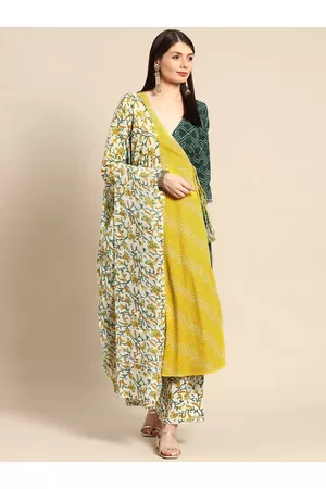 anayna Women Yellow Bandhani Printed Angrakha Pure Cotton Kurta with Trousers & Dupatta