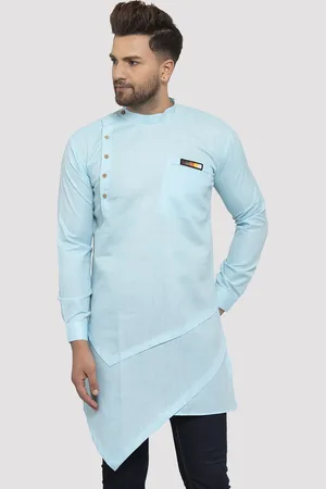 Kaifoo Men Sea Green Chikankari Asymmetric Kurta