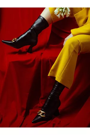 SAINT G. Black Leather Chain Detail Mid-Top Regular Heeled Boots