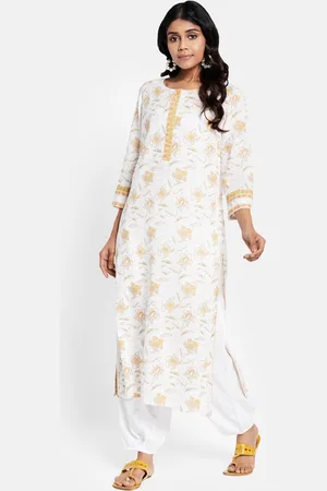 Fabindia Women White Floral Block Printed Kurta