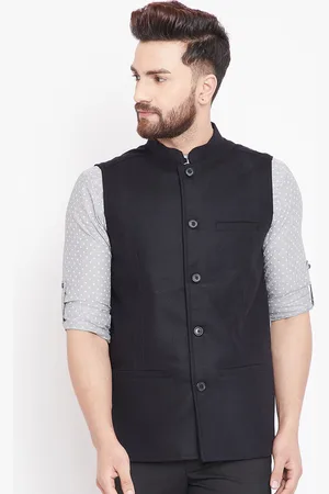 Even Men Black Solid Pure Wool Sleeveless Nehru Jacket