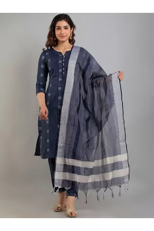 Charu Women Blue Printed Pure Cotton Kurta with Palazzos & With Dupatta