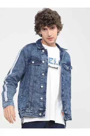 Highlander Men Blue Washed Denim Jacket with Patchwork