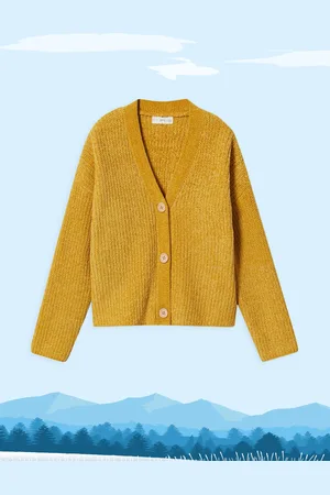 MANGO Girls Mustard Yellow Solid V-Neck Drop Shoulder Sleeves Cardigan