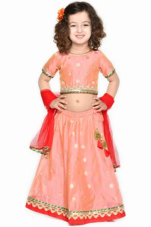 SAKA DESIGNS Girls Peach-Coloured & Red Ready to Wear Lehenga Choli With Dupatta