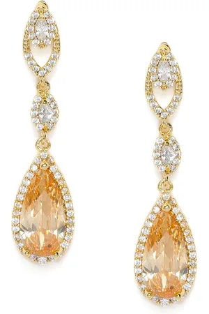 AccessHer White Brass-Plated American Diamond Studded Teardrop Shaped Drop Earrings