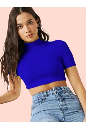 Dream Beauty Fashion Women Blue High Neck Fitted Crop Top