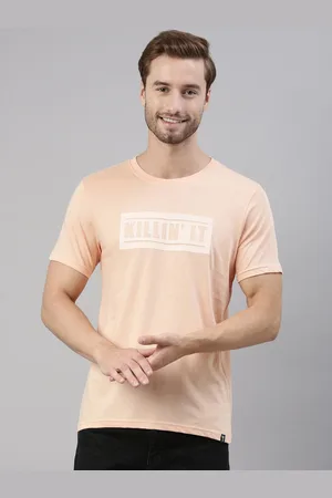 Joven Men Peach-Coloured Typography Printed Applique T-shirt