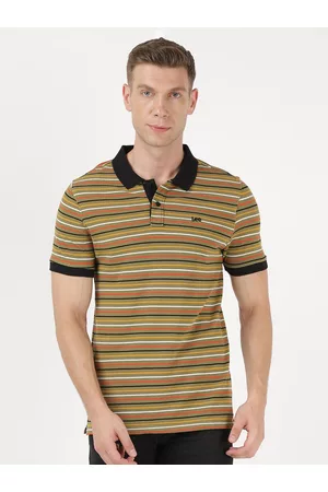 Lee Men Green Striped Polo Collar Slim Fit T-shirt