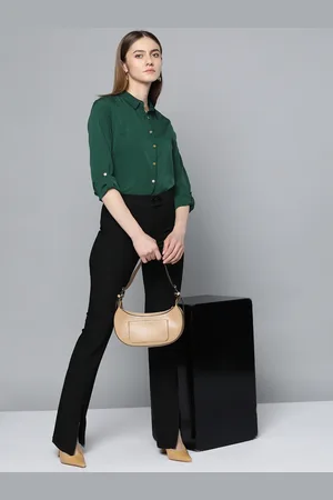 Chemistry Women Green Roll-up Sleeves Casual Shirt