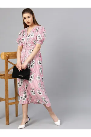 ATHENA Women White & Pink Printed A-Line Dress