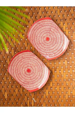 ExclusiveLane Set Of 2 Red Chevrons Hand Painted Ceramic Serveware Platter
