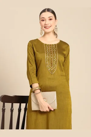 Sangria Women Olive Green Floral Embroidered Yoke Design Gotta Patti Kurta
