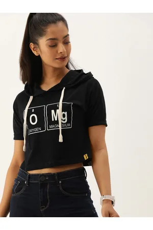 Campus Women Black Printed Hood T-shirt