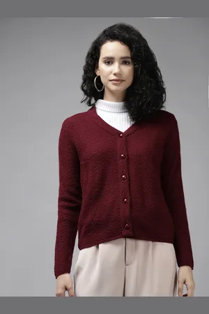 Cayman Women Maroon Chevron Knitted Wool Cardigan