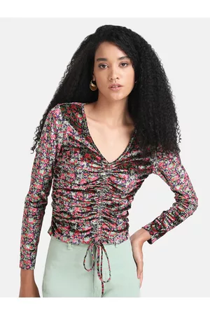 Kazo Women Purple & Green Floral Print Ruched Top