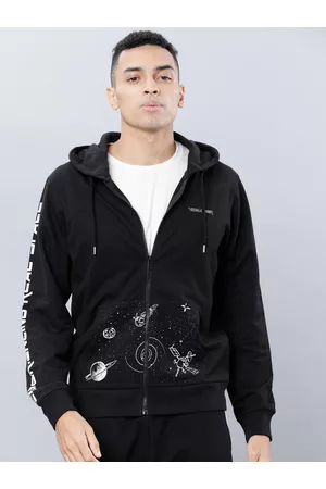 LocoMotive Men Black Printed Hooded Sweatshirt