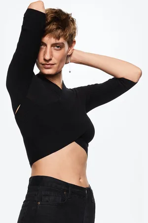 MANGO Women Black Crop V-Neck Wrap Style Crop Pullover