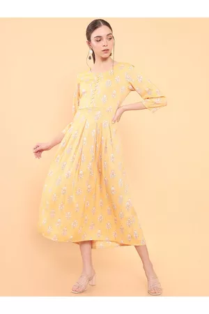 Soch Women Mustard Yellow & White Floral Printed Dress