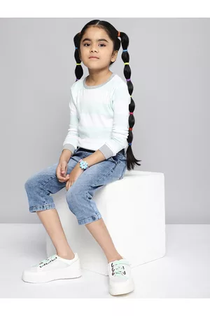 HERE&NOW Girls Blue Paper Bag Loose Fit Heavy Fade Cropped Stretchable Jeans