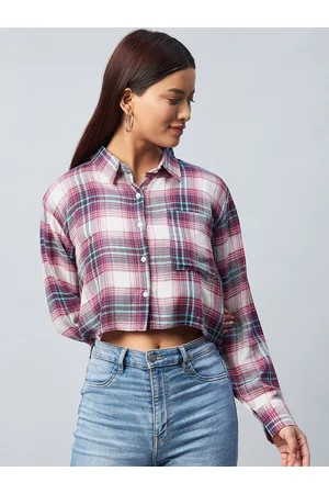 Chimpaaanzee Women Pink Relaxed Boxy Tartan Checks Checked Casual Shirt