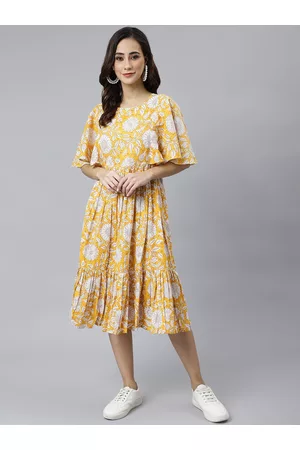 Janasya Yellow & White Floral Print Cotton Flared Midi Dress