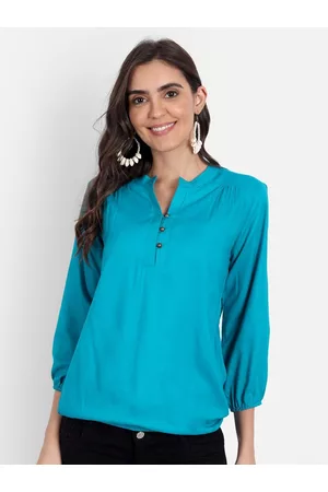Fab Star Women Blue Mandarin Collar Cotton Blend Top