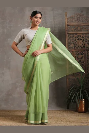 Triyah Women Green Solid Zari Pure Cotton Kota Saree