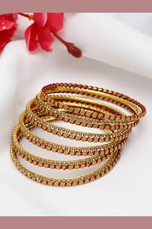 Shining Diva Women Set Of 11 Gold Plated Red Crystal Studded Bangle