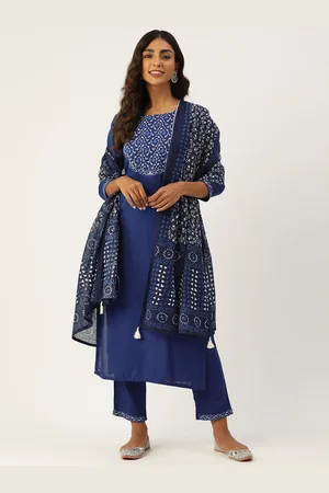 MissKurti Women Blue Ethnic Motifs Yoke Design Thread Work Kurta with Trousers & With Dupatta