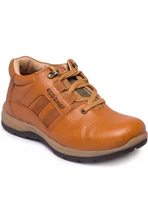 Red Chief Men Tan Brown Solid Leather Mid-Top Sneakers