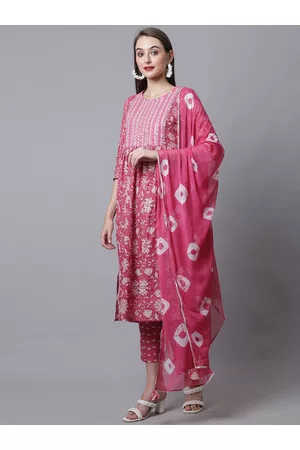 Rajnandini Women Pink Embroidered Pure Cotton Kurta with Trouser & With Dupatta Set