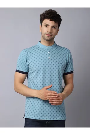 Rodamo Men Blue Printed Mandarin Collar Slim Fit T-shirt