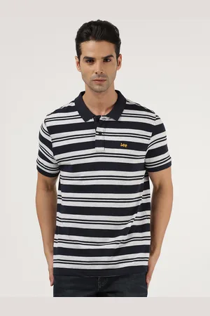 Lee Men Blue & White Striped Polo Collar Slim Fit T-shirt