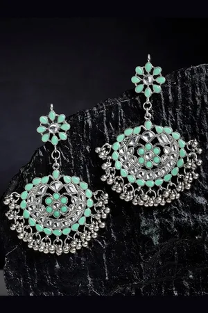 karatcart Lime Green & Silver-Toned Classic Chandbalis Earrings