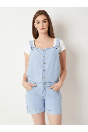 Miss Chase Women Blue Solid Slim Fit Denim Dungarees