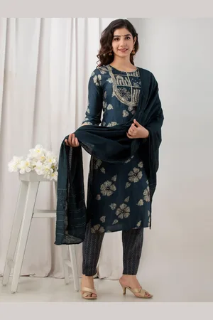 Kesarya Women Navy Blue Ethnic Motifs Embroidered Pure Silk Kurta with Trousers & With Dupatta