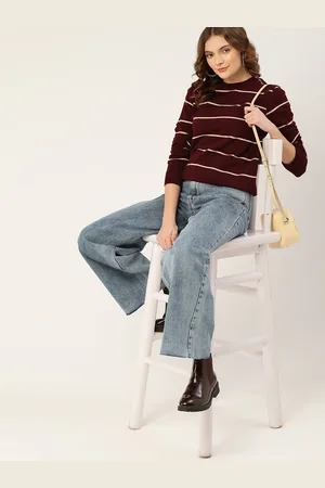 DressBerry Women Maroon & White Striped Pullover