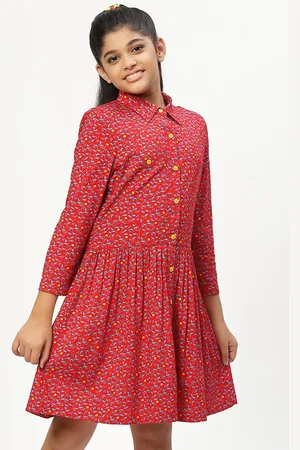 CACA CINA Girls Red & Blue Floral Printed Shirt Style Long Sleeves Dress