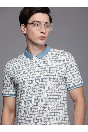 Louis Philippe Men Off White & Blue Floral Printed Polo Collar Pure Cotton T-shirt