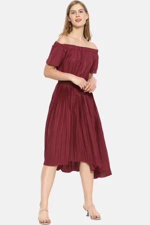 Campus Women Maroon Solid Accordion Pleat A-Line Dress
