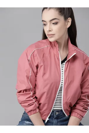 Roadster Women Pink Solid Windcheater Bomber Jacket