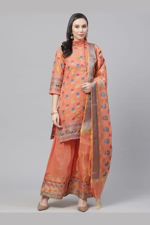 Chhabra 555 Women Peach-Coloured & Blue Embroidered Kurti with Sharara & Dupatta