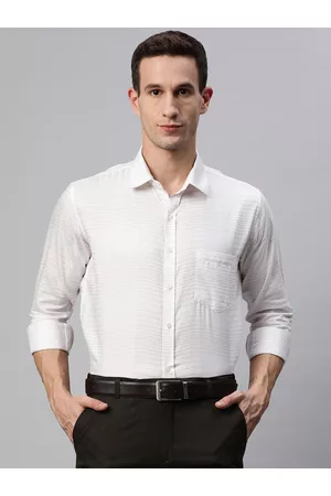MANQ Men White Smart Horizontal Stripes Striped Formal Shirt