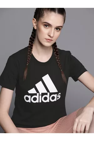 adidas Women Black & White Brand Logo Printed T-shirt