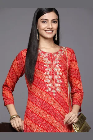 Varanga Women Red & White Bandhani Printed Gotta Patti Kurta