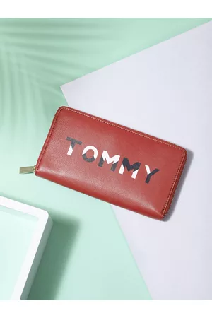 Tommy Hilfiger Women Red & White Typography Printed Leather Zip Around Wallet